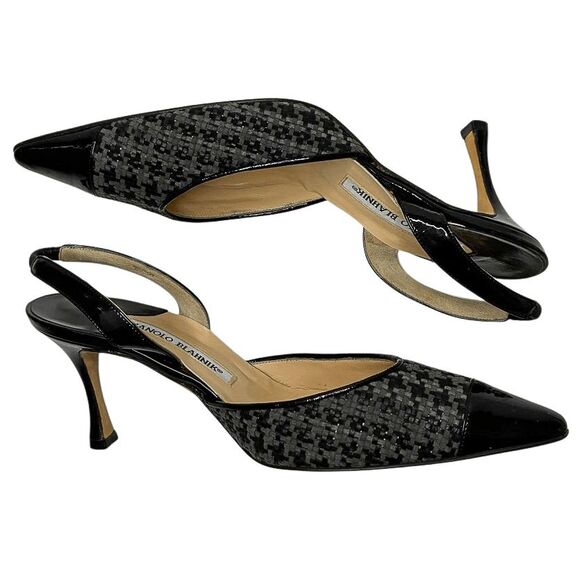 Manolo Blahnik Carolyne Slingback Woven Gray Black Pumps Size 36.5 Heels - Picture 5 of 12